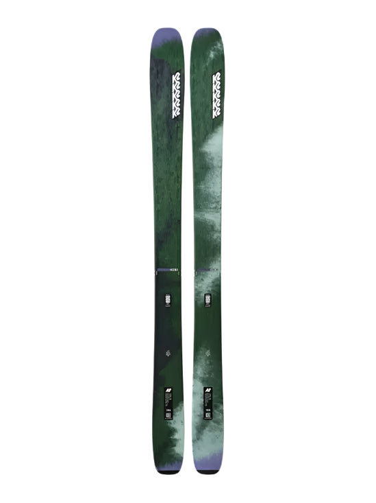 K2 Women's Mindbender 106C skis, 2025 model, feature a distinctive green and purple graphic design.