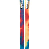 K2 Mindbender 106C skis feature a vibrant, swirling blue and orange design.