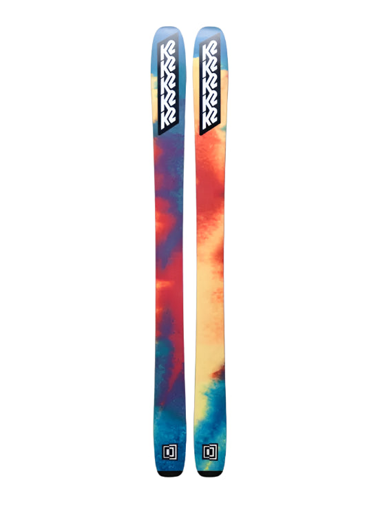 K2 Mindbender 106C skis feature a vibrant, swirling blue and orange design.