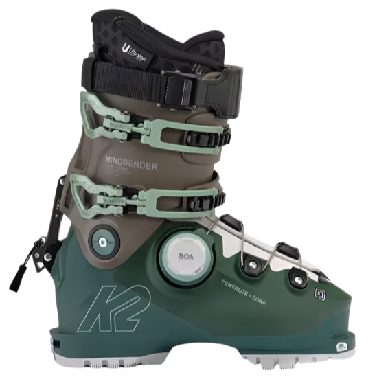 K2 Mindbender 115 BOA ski boots feature a green and gray color scheme with visible BOA dial.
