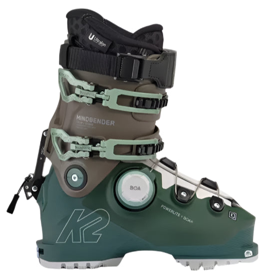 K2 Mindbender 115 BOA ski boots feature a green and gray color scheme with visible BOA dial.