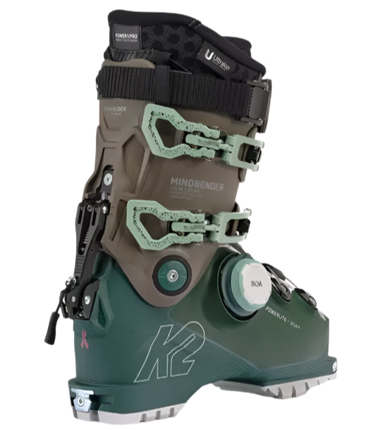 K2 Mindbender 115 BOA ski boots feature a green and white color scheme with distinctive red accents.