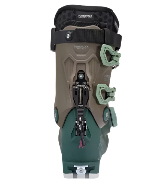 K2 Women's Mindbender 115 BOA ski boots feature a green and pink color scheme with a visible BOA closure system.