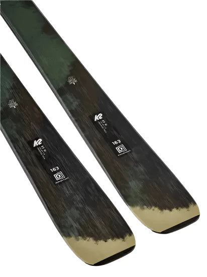 K2 Mindbender 85 skis, 2025 model, feature a distinctive yellow and black graphic design.