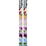K2 Mindbender 96C skis feature a vibrant blue and purple graphic design.