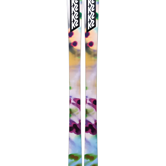 K2 Mindbender 96C skis feature a vibrant blue and purple graphic design.