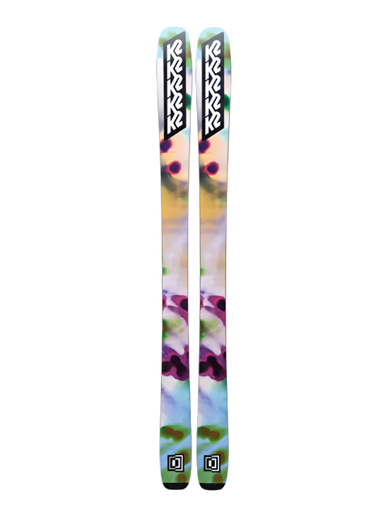 K2 Mindbender 96C skis feature a vibrant blue and purple graphic design.