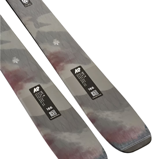 K2 Mindbender 96C skis, 2025 model, feature a distinctive red and black graphic design.