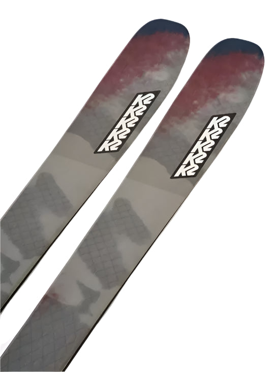 K2 Mindbender 96C skis, 2025 model, feature a distinctive red and black graphic design.