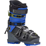 K2 Mindbender Juvy ski boots feature a black and blue design with prominent orange accents.