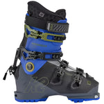 K2 Mindbender Juvy ski boots feature a black and blue design with silver accents.