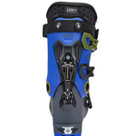 K2 Mindbender Juvy ski boots, 2025 model, feature a blue and yellow design with visible adjustment hardware.