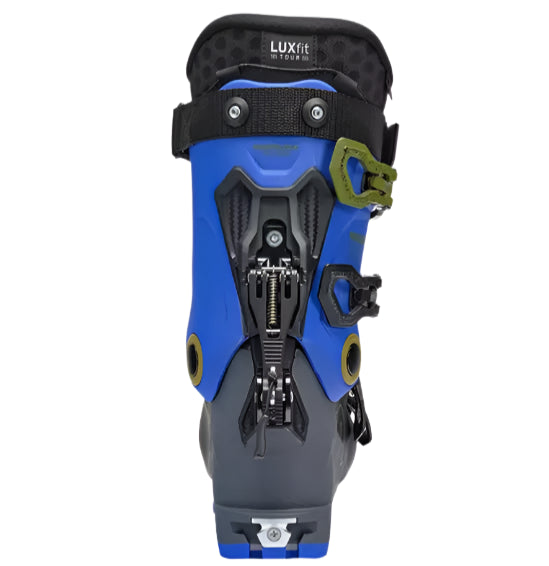 K2 Mindbender Juvy ski boots, 2025 model, feature a blue and yellow design with visible adjustment hardware.