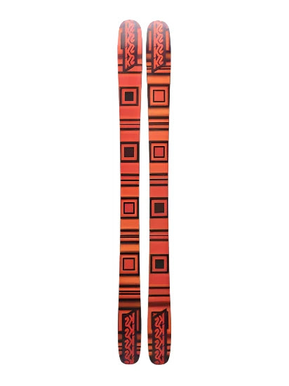 K2 Women's Omen 90 skis 2025 feature a red and black geometric design.