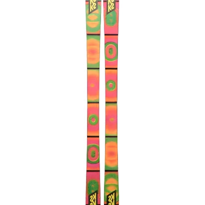 K2 Omen 90 skis 2025 feature a vibrant pink and green design with black accents.