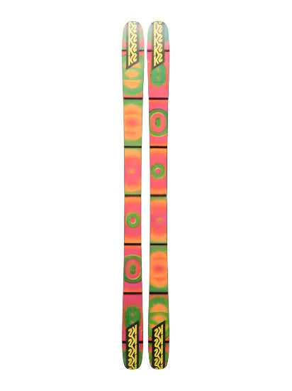 K2 Omen 90 skis 2025 feature a vibrant pink and green design with black accents.