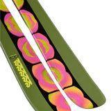 K2 Omen 90 skis 2025 feature a striking green and pink design.