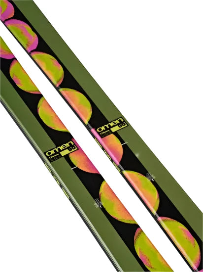 K2 Omen 90 skis 2025 feature a distinctive red and black design.