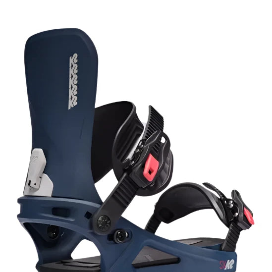 Blue K2 Program snowboard binding features red accents and a distinctive design.
