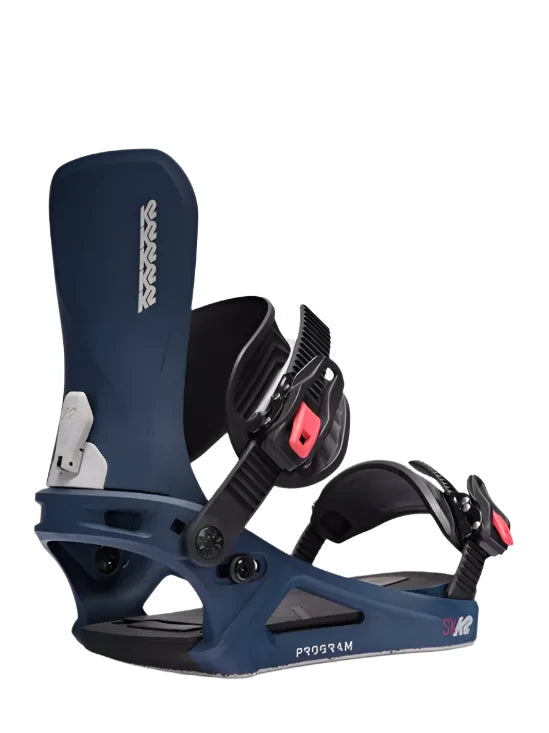 Blue K2 Program snowboard binding features red accents and a distinctive design.