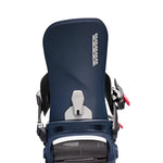 K2 Program snowboard binding, blue and white design with red accents.