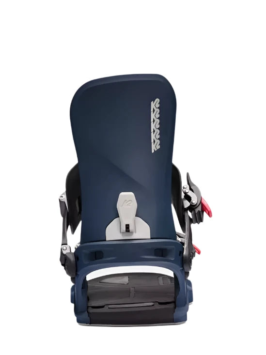 K2 Program snowboard binding, blue and white design with red accents.