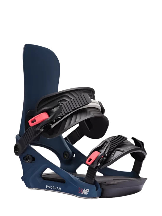 K2 Program snowboard binding, featuring a dark blue base and red accents.