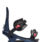 K2 Program snowboard bindings feature a dark blue base with red accents.