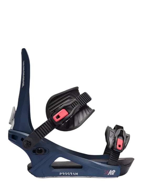 K2 Program snowboard bindings feature a dark blue base with red accents.