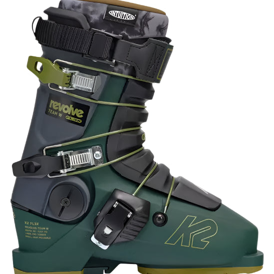 K2 Revolve Team ski boots feature a dark green and yellow design.