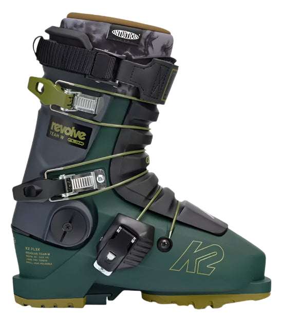 K2 Revolve Team ski boots feature a dark green and yellow design.