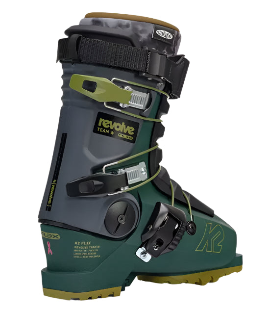 K2 Revolve Team ski boots feature a dark green color scheme with silver accents and a distinctive design.