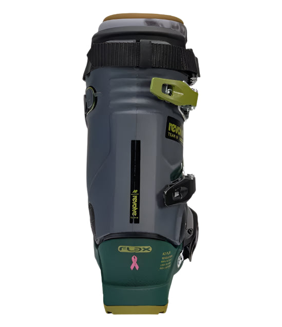 K2 Revolve Team women's ski boots feature a dark green and pink design.