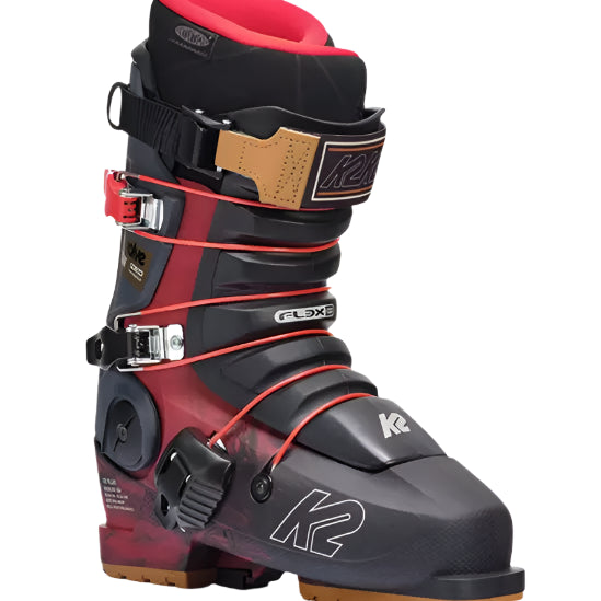 K2 Revolve TW ski boots feature a red and black design with a white logo and brown soles.