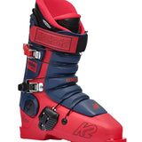 Red and blue K2 Revolve ski boots feature a distinctive design with multiple straps.