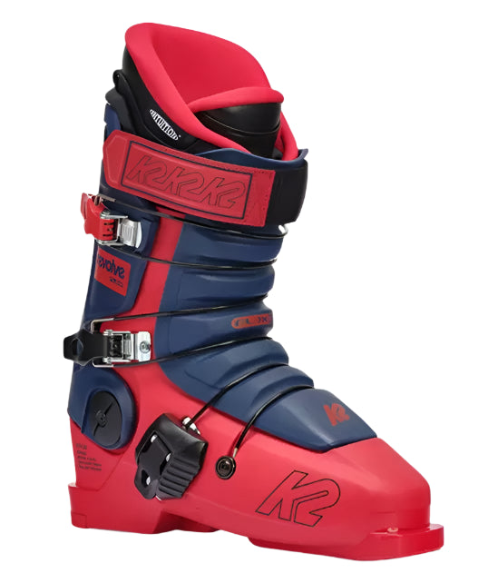 Red and blue K2 Revolve ski boots feature a distinctive design with multiple straps.
