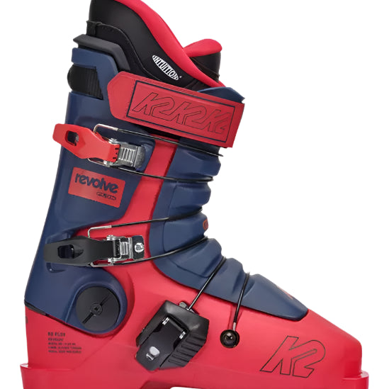 Blue and red K2 Revolve ski boots feature distinctive design and prominent branding.