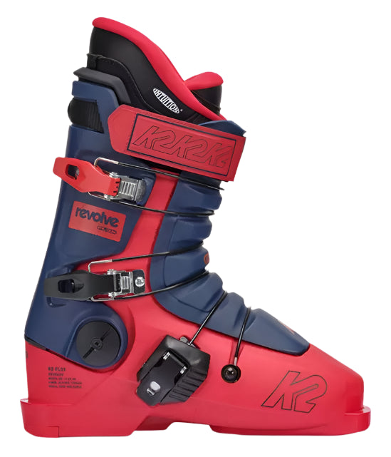 Blue and red K2 Revolve ski boots feature distinctive design and prominent branding.