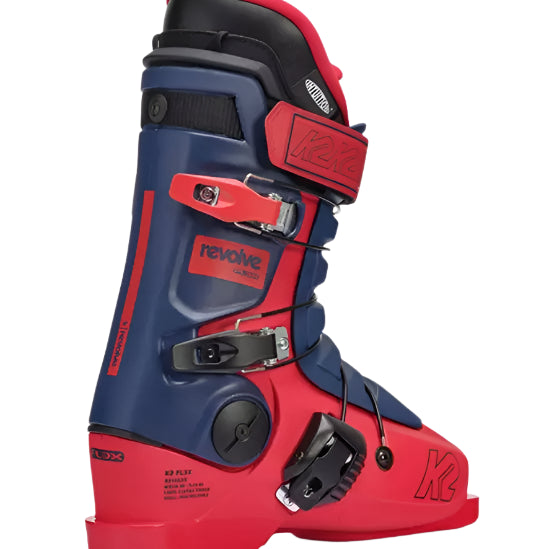 K2 Revolve ski boots feature a distinctive blue and red design with visible hardware.