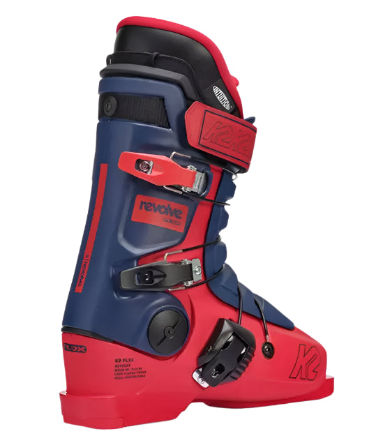 K2 Revolve ski boots feature a distinctive blue and red design with visible hardware.