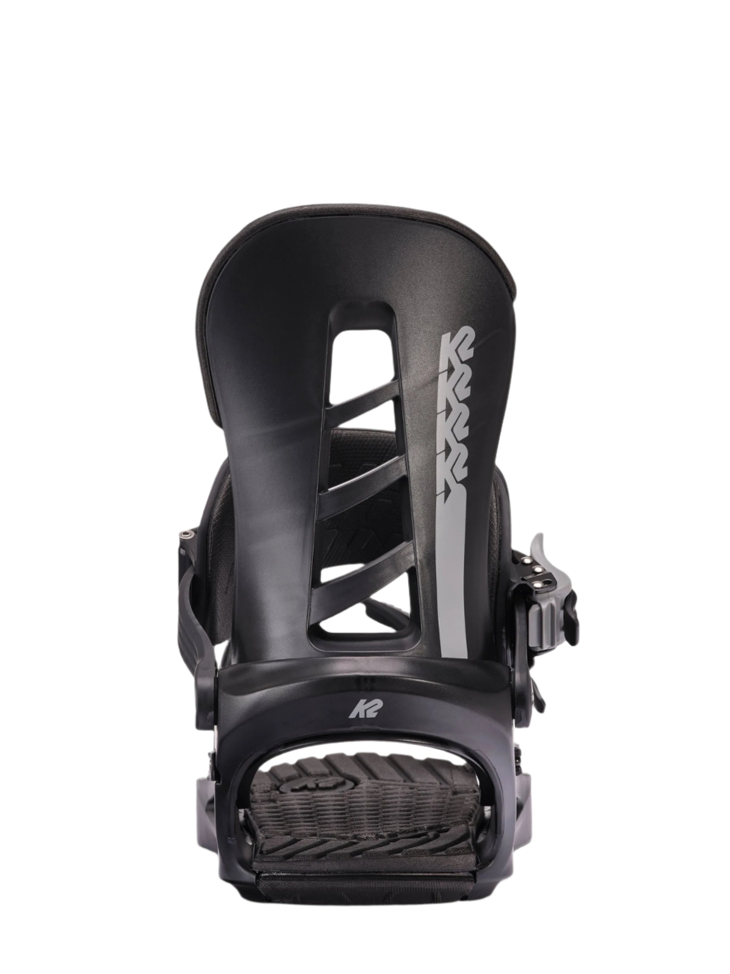 K2 Sonic snowboard binding, black with gray accents and a distinctive strap design.
