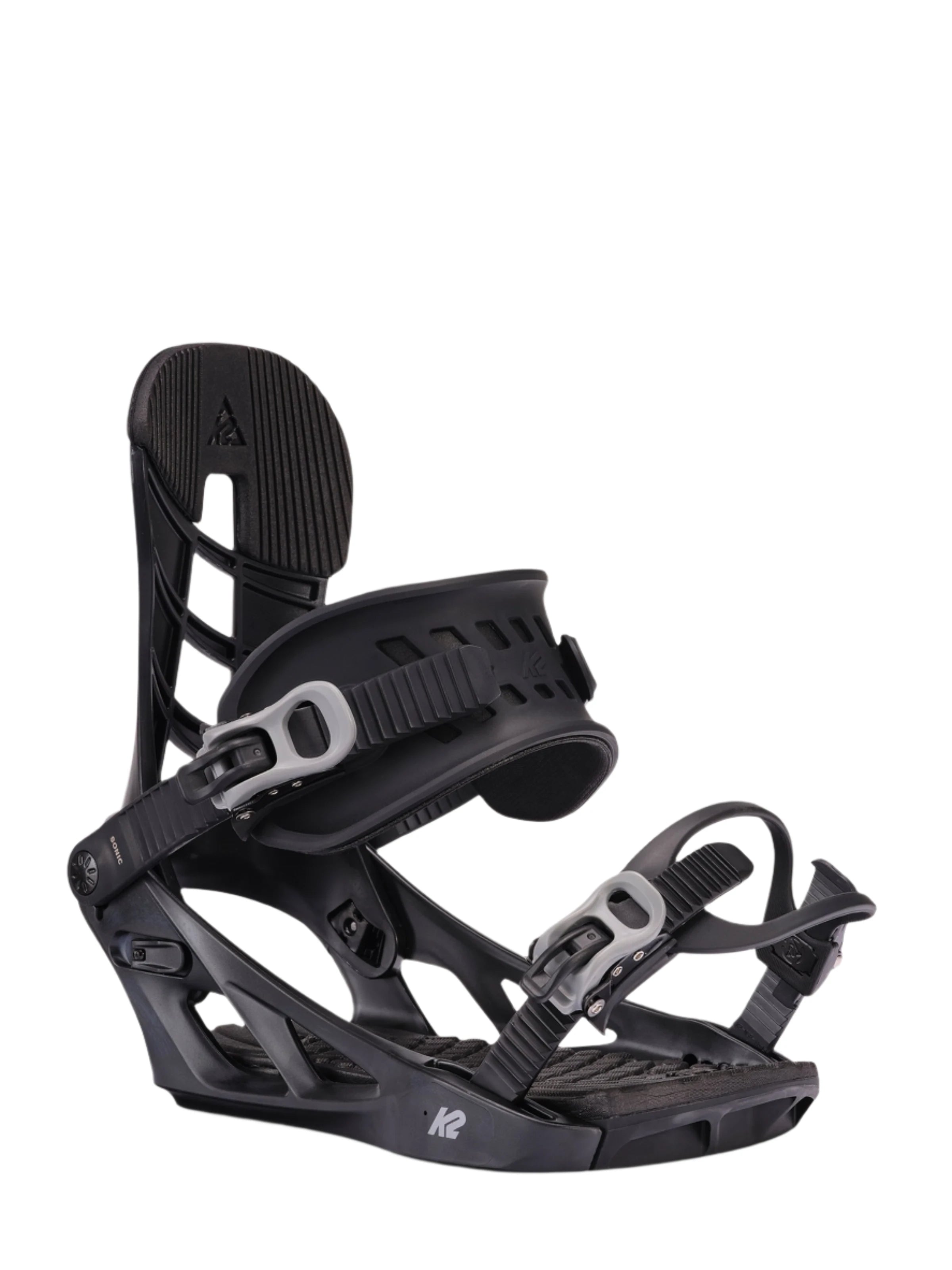 Black K2 Sonic snowboard binding features a sleek design and silver accents.