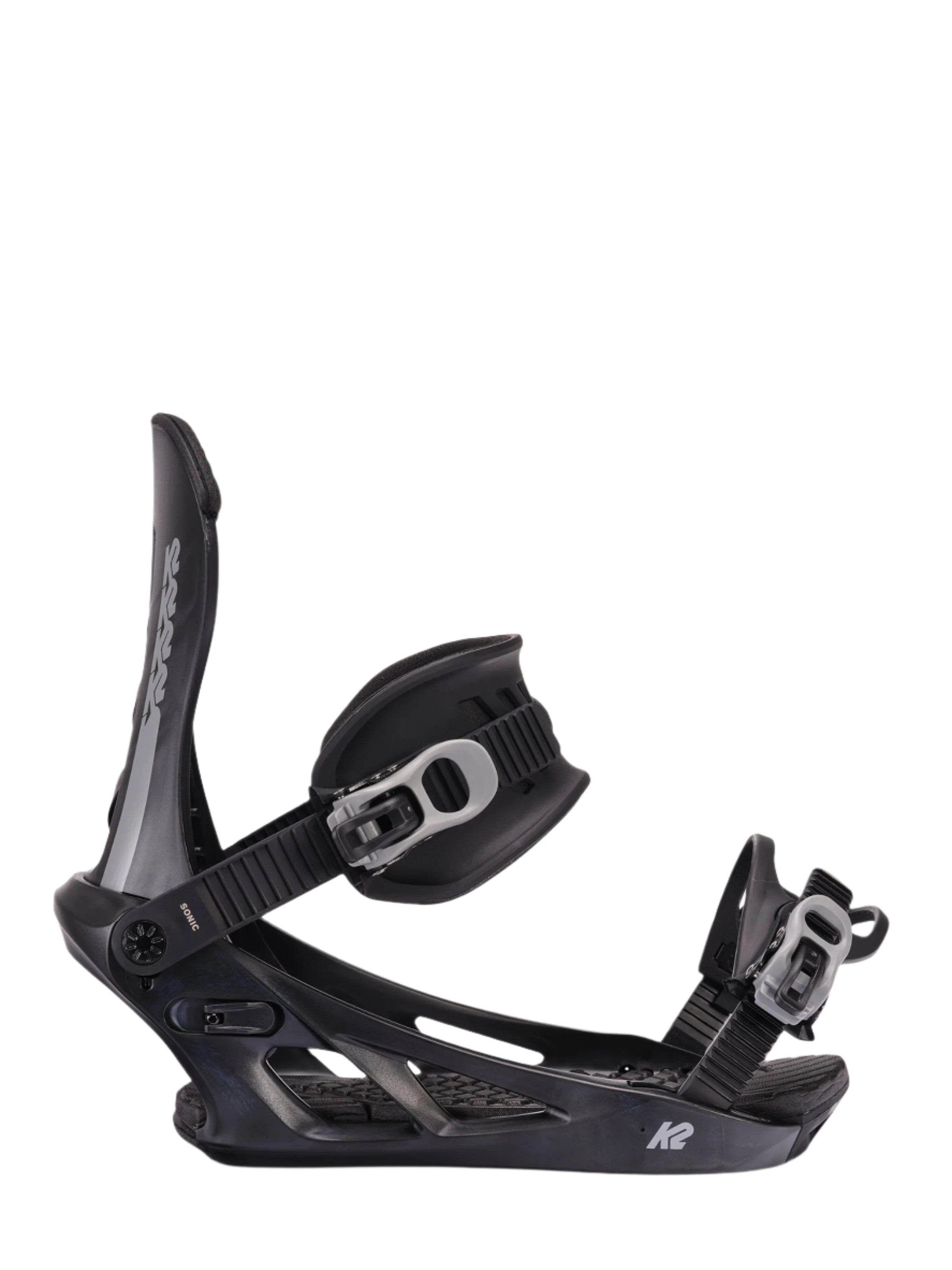 Black K2 Sonic snowboard binding features a distinctive design and silver accents.