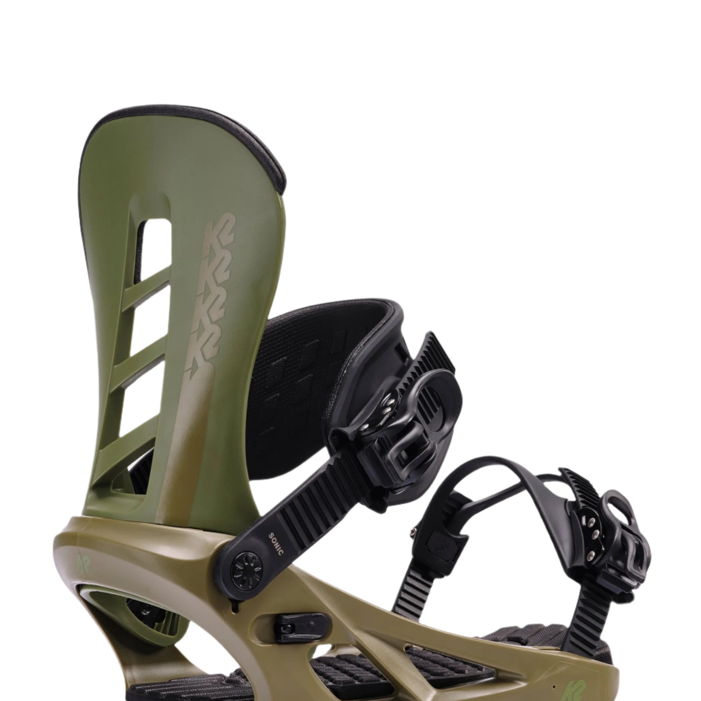 K2 Sonic 2025 snowboard binding in olive green with black accents.