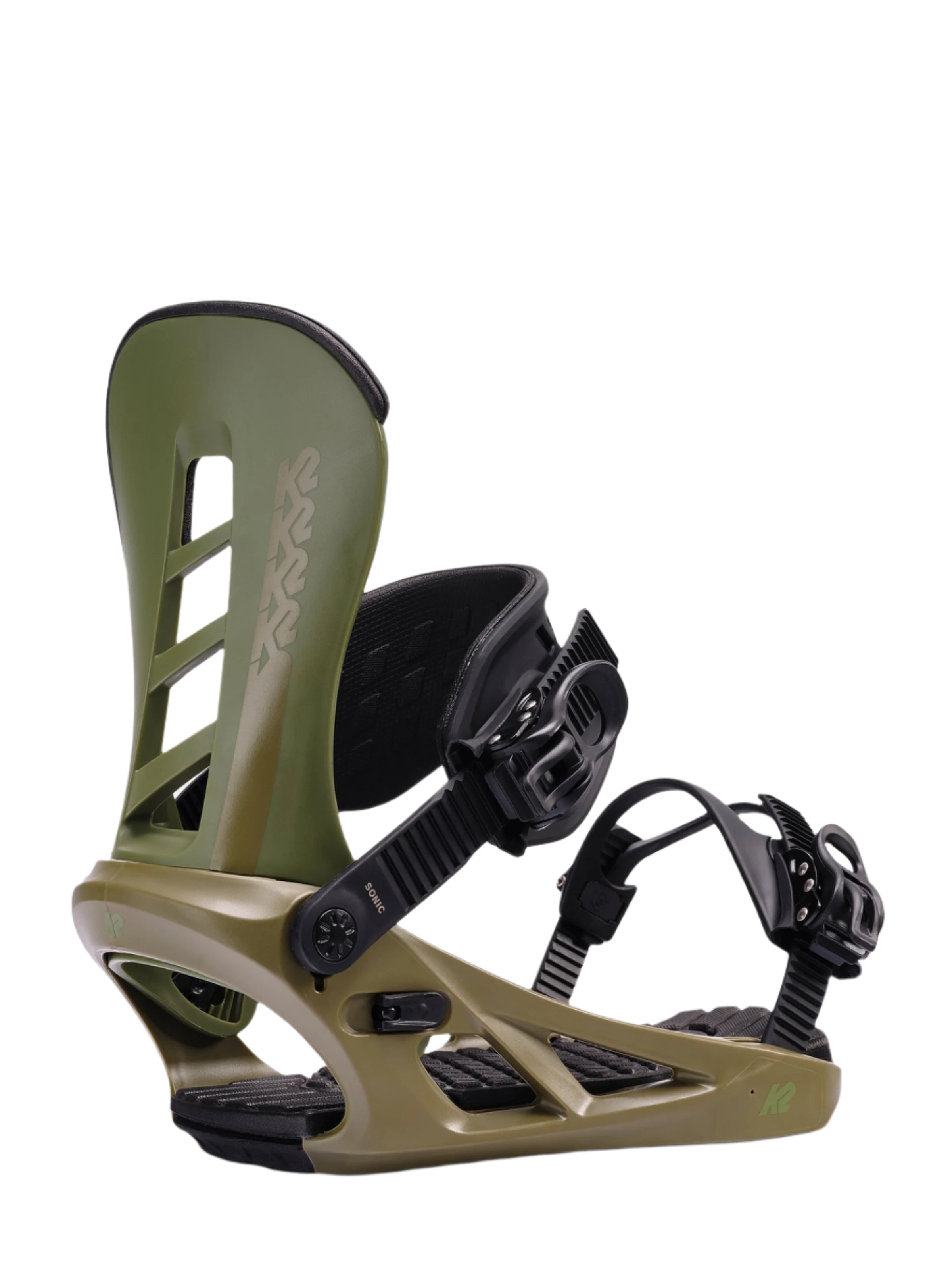 K2 Sonic 2025 snowboard binding in olive green with black accents.