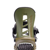 K2 Sonic 2025 snowboard binding, green with black straps and a distinctive baseplate design.