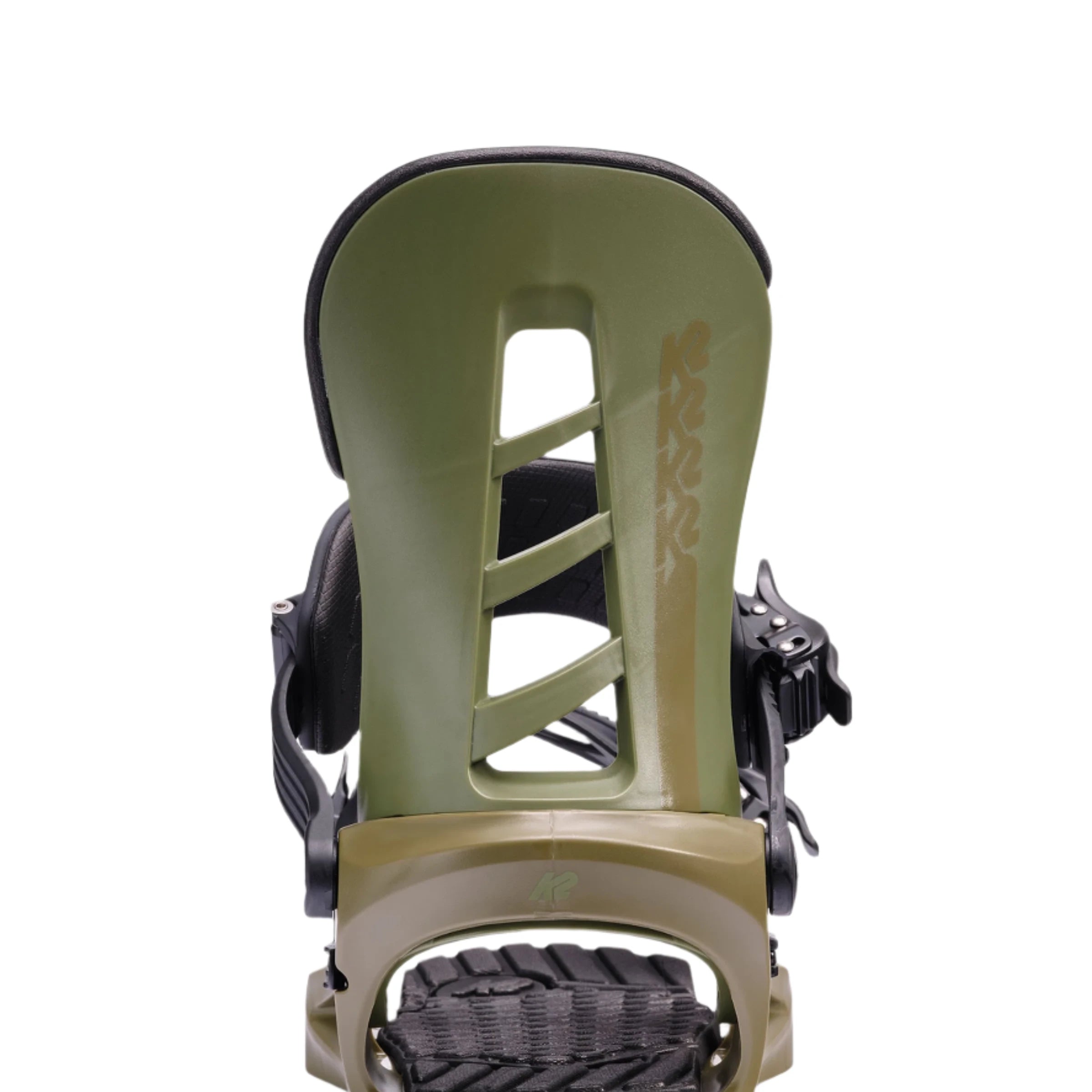 K2 Sonic 2025 snowboard binding, green with black straps and a distinctive baseplate design.