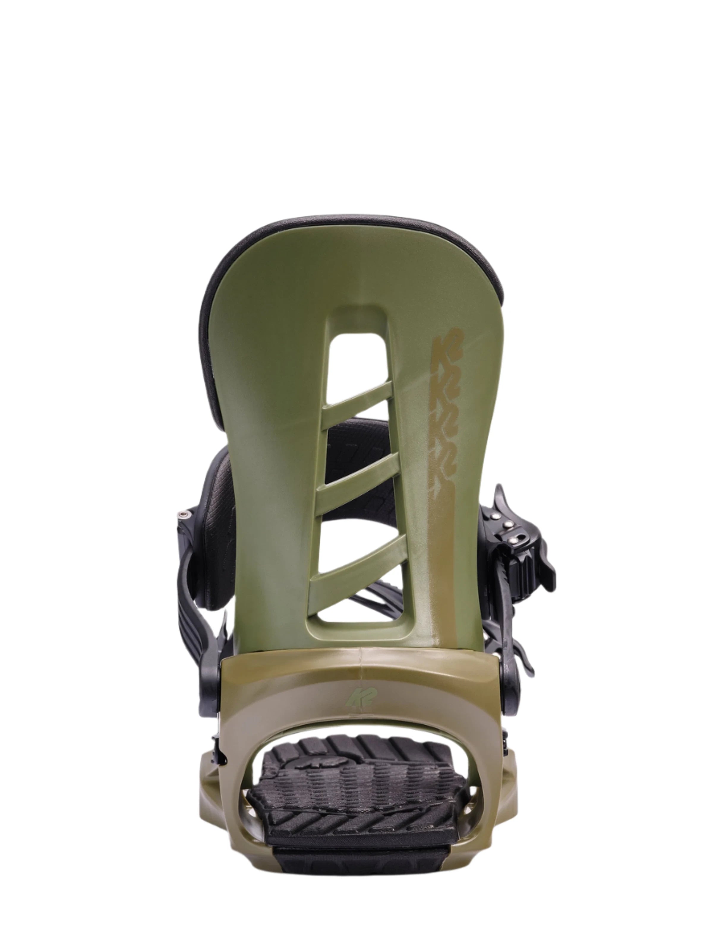 K2 Sonic 2025 snowboard binding, green with black straps and a distinctive baseplate design.
