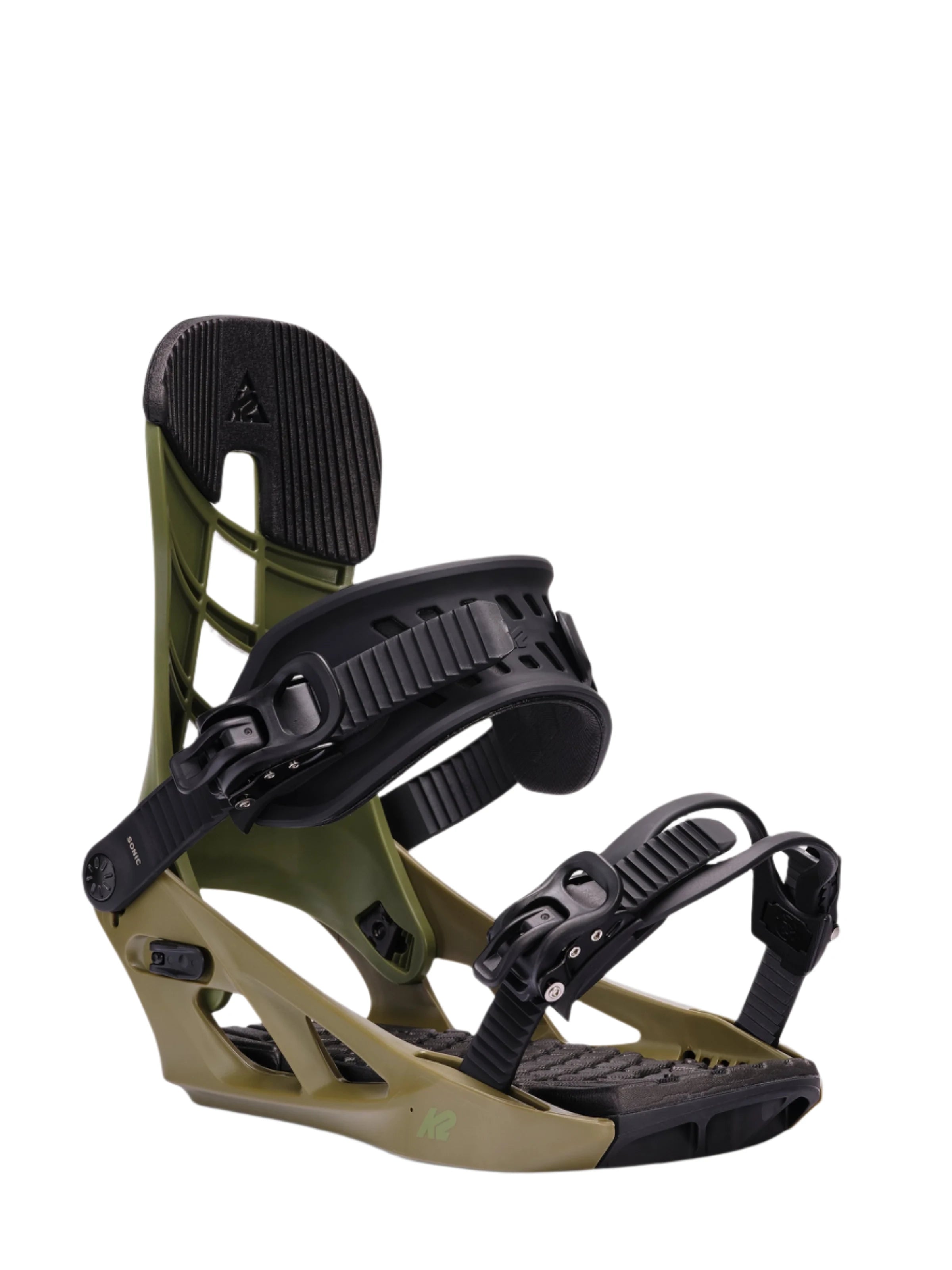 K2 Sonic snowboard binding, featuring a dark green and black design.