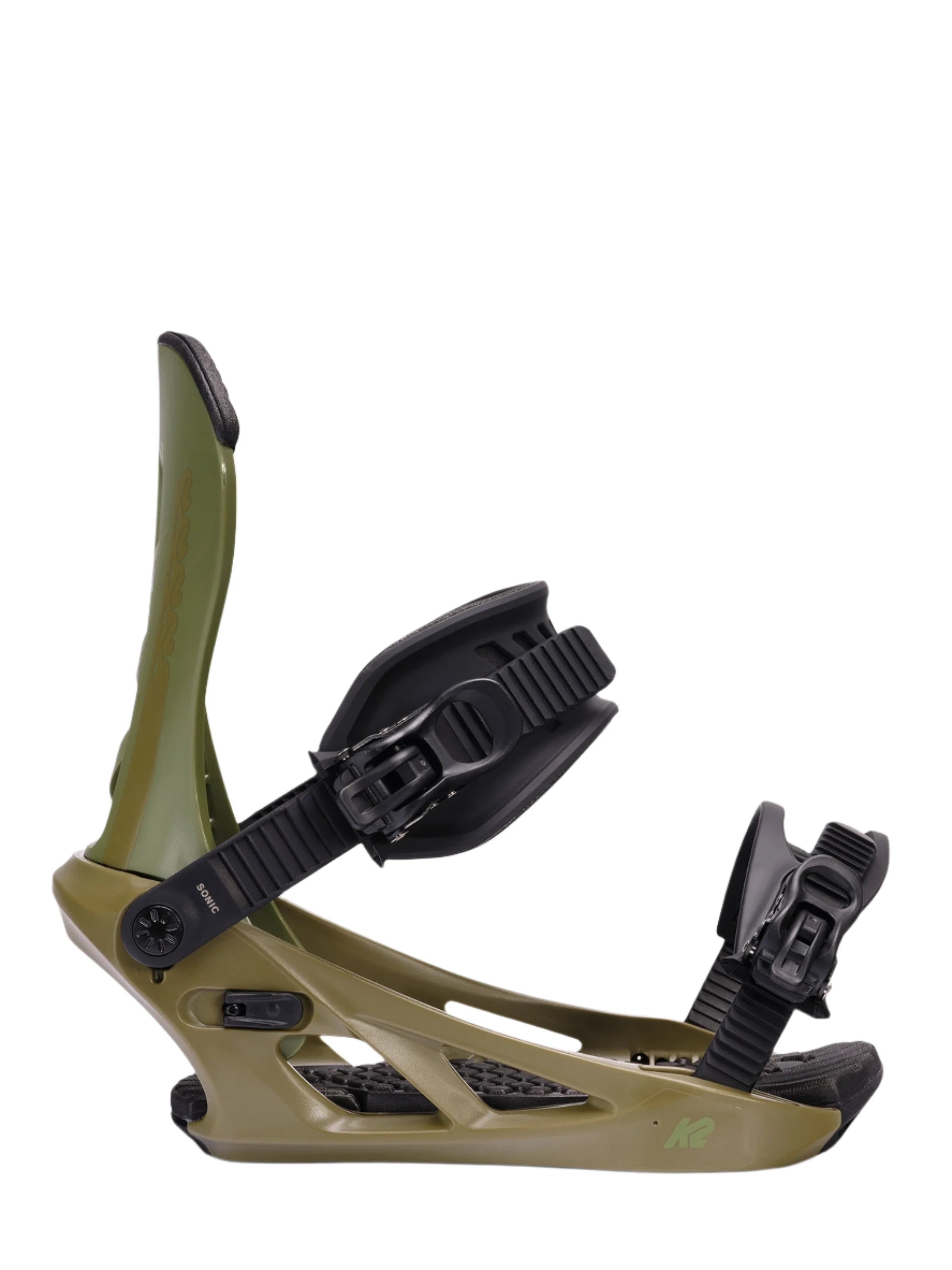 K2 Sonic 2025 snowboard binding features a dark gray base and a vibrant olive green upper.